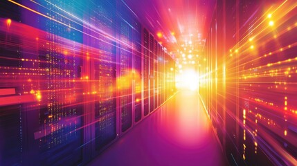 Poster - A high-tech data center with glowing server racks, illustrating active cybersecurity measures. Blank space on the right side allows room for additional text or graphic elements