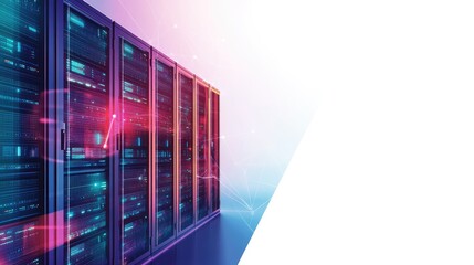 Poster - A high-tech data center with glowing server racks, illustrating active cybersecurity measures. Blank space on the right side allows room for additional text or graphic elements