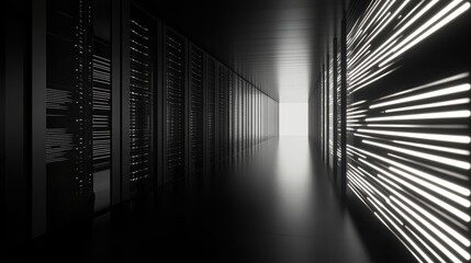 Poster - A high-tech data center with glowing server racks, illustrating active cybersecurity measures. Blank space on the right side allows room for additional text or graphic elements