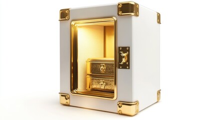 Poster - A luxury safe with gleaming gold inside, set against a white insulated background, symbolizing wealth, security, and exclusivity, perfect for high-end finance or security concepts