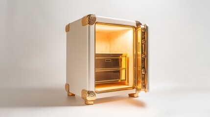 Poster - A luxury safe with gleaming gold inside, set against a white insulated background, symbolizing wealth, security, and exclusivity, perfect for high-end finance or security concepts
