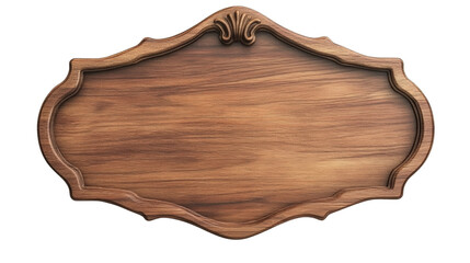 Poster - A detailed image of an ornate, blank wooden sign with a  brown finish and elegant, curved frame.