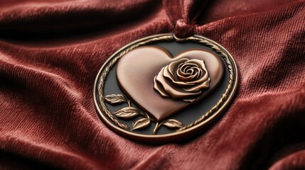 Poster - A medal with an embossed heart and rose design, set on luxurious velvet fabric, conveying elegance and love, ideal for Valentine's Day or award-based promotions
