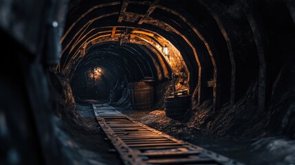 Aufkleber - A narrow, dark underground tunnel in an old gold mine with vintage mining equipment and low lighting, capturing the historical atmosphere of gold mining
