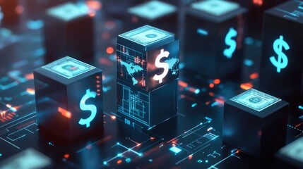 Poster - A modern pedestal with stacked cubes and prominent currency symbols, representing global exchange and financial systems in a sleek, high-tech environment