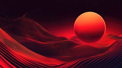Poster - Abstract Red Landscape with Sphere and Wavy Lines in Dark Background