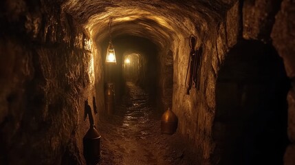 Aufkleber - A narrow, dark underground tunnel in an old gold mine with vintage mining equipment and low lighting, capturing the historical atmosphere of gold mining