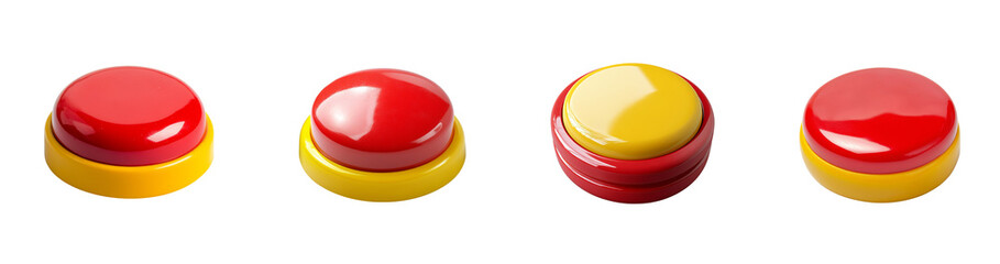 Poster - Four large red and yellow push buttons are displayed against a black background.  The buttons are stacked and arranged in a sequence.