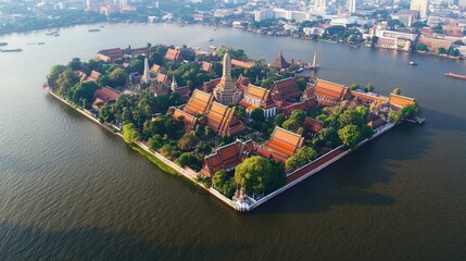 Poster - A panoramic aerial shot of Bangkok's skyline, highlighting the Chao Phraya River, Wat Arun Temple, and the Grand Palace, showcasing the blend of tradition and modernity in Thailand
