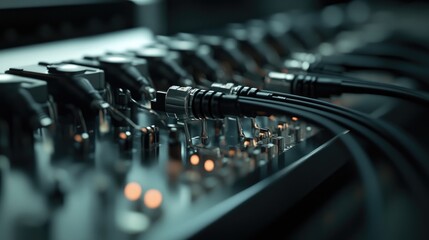 Poster - A precise arrangement of fiber optic connectors linked to a control box in a clean, professional setting, symbolizing advanced communication and electronics systems