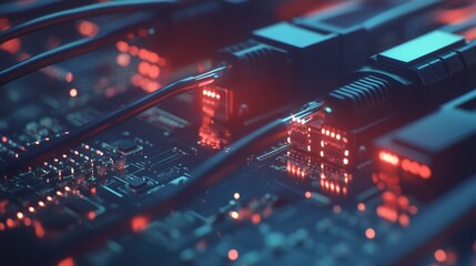 Poster - A precise arrangement of fiber optic connectors linked to a control box in a clean, professional setting, symbolizing advanced communication and electronics systems