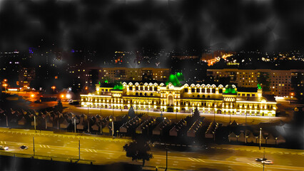 Wall Mural - Nizhny Novgorod, Russia. Watercolor illustration. Aerial view at night on the building of the Nizhny Novgorod fair. 19th century building. Aerial View