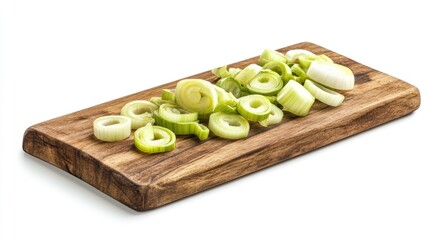 Poster - A rustic wooden cutting board with freshly chopped leek rings scattered across it, isolated against a clean white background for a minimalistic food photography look