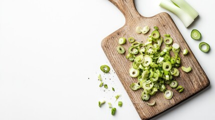 Poster - A rustic wooden cutting board with freshly chopped leek rings scattered across it, isolated against a clean white background for a minimalistic food photography look