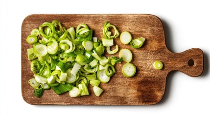 Poster - A rustic wooden cutting board with freshly chopped leek rings scattered across it, isolated against a clean white background for a minimalistic food photography look