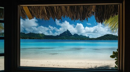 Poster - A serene glimpse of Bora Bora landscape through a window, capturing the tranquil beauty of the island beaches and clear blue water