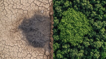 Poster - A side-by-side image of drought and lush growth, symbolizing the transformation from environmental degradation to green, healthy landscapes due to climate action
