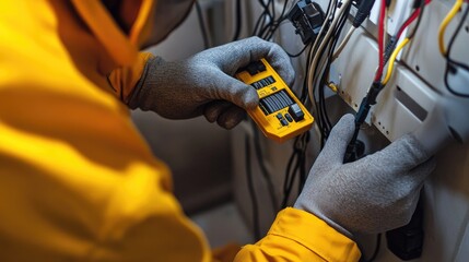 Poster - A skilled technician diagnosing telecommunication network issues with sophisticated tools, focusing on resolving signal loss to maintain reliable connections