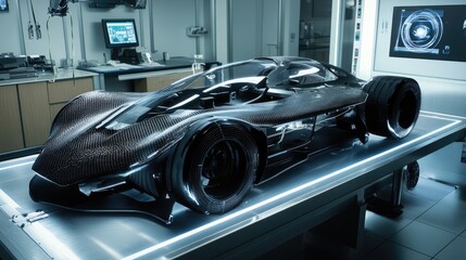 Aufkleber - A sleek carbon fiber electric vehicle chassis displayed in a high-tech lab with holographic elements, soft white lighting highlighting its precision engineering and structure