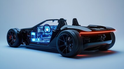 Aufkleber - A sleek, lightweight electric vehicle chassis showcased with a dynamic digital holographic interface displaying real-time performance data and stress analysis