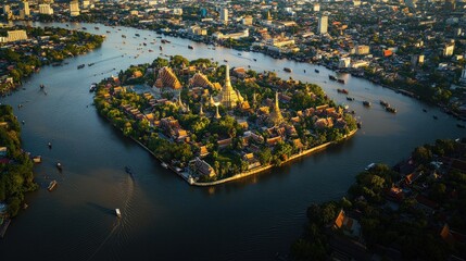 Poster - A stunning aerial view of the Chao Phraya River in Bangkok, with the Grand Palace, Wat Arun Temple, and the city's bustling skyline, reflecting the cultural and business hub of Thailand