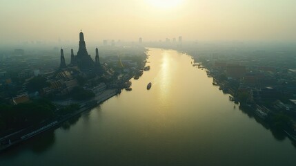 Poster - A stunning aerial view of the Chao Phraya River in Bangkok, with the Grand Palace, Wat Arun Temple, and the city's bustling skyline, reflecting the cultural and business hub of Thailand