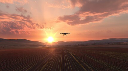 Aufkleber - A sunset view of a drone flying over a large field, using sensors to track crop health, representing modern agricultural practices and precision farming