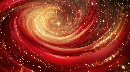 Poster - A swirling red liquid with golden sparkles resembling a galaxy, forming a vivid, abstract fluid design full of energy and magic