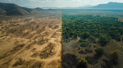 Poster - A visual contrast of a dry, barren landscape on one side and a thriving, green ecosystem on the other, representing the impact of climate change and environmental solutions