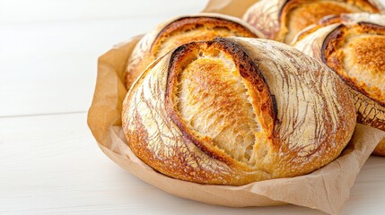 Wall Mural - Artisan sourdough loaves on parchment paper, wooden background, bakery setting, food photography for recipe websites