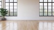© Thamonchanok - Minimalist home concept. Spacious, minimalistic room with large windows and a potted plant on a wooden floor.