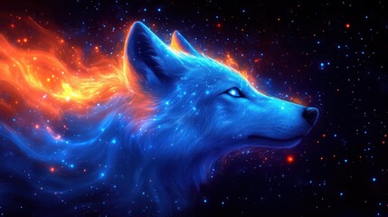 Wall Mural - Fiery blue wolf in space, cosmic fur, glowing.