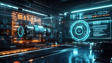 Aufkleber - Advanced electric vehicle powertrain surrounded by interactive holographic data displays in a futuristic lab, showing real-time performance and diagnostic information