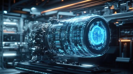 Aufkleber - Advanced electric vehicle powertrain surrounded by interactive holographic data displays in a futuristic lab, showing real-time performance and diagnostic information