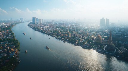 Poster - Aerial view of Bangkok's vibrant cityscape along the Chao Phraya River, featuring cultural landmarks such as Wat Arun and the Grand Palace, with modern skyscrapers in the background