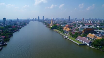 Poster - Aerial view of Bangkok's vibrant cityscape along the Chao Phraya River, featuring cultural landmarks such as Wat Arun and the Grand Palace, with modern skyscrapers in the background