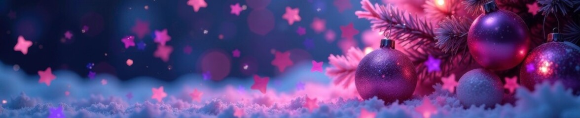 Wall Mural - Pink and purple shiny star confetti falling on a snowy Christmas tree, holiday, decorations