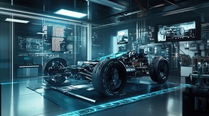 Aufkleber - An electric vehicle powertrain displayed in a futuristic lab, surrounded by holographic elements showing real-time performance, diagnostics, and system details