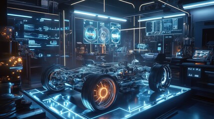 Aufkleber - An electric vehicle powertrain displayed in a futuristic lab, surrounded by holographic elements showing real-time performance, diagnostics, and system details