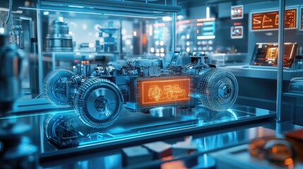 Aufkleber - An electric vehicle powertrain displayed in a futuristic lab, surrounded by holographic elements showing real-time performance, diagnostics, and system details
