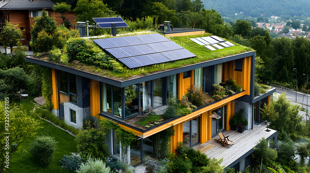 View of An environmentally-conscious housing project with energy-efficient ...