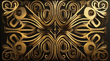 Poster - An elegant Art Deco design in gold featuring geometric symmetry and swirling patterns, evoking a vintage, sophisticated ambiance with intricate details