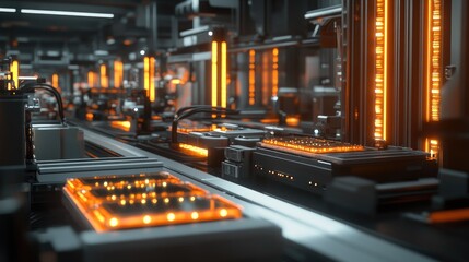 Aufkleber - Battery cell housing system being assembled by robotic arms in a futuristic manufacturing facility, with ambient lighting highlighting the precision and efficiency of the process