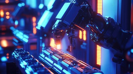 Aufkleber - Battery cell housing system being assembled by robotic arms in a futuristic manufacturing facility, with ambient lighting highlighting the precision and efficiency of the process