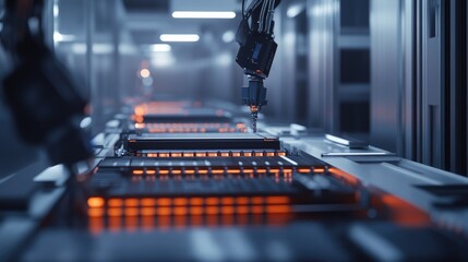 Aufkleber - Battery cell housing system being assembled by robotic arms in a futuristic manufacturing facility, with ambient lighting highlighting the precision and efficiency of the process