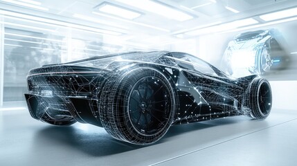 Aufkleber - Carbon fiber electric vehicle chassis shown in a futuristic lab, with holographic elements showcasing the intricate engineering and design under soft white lighting