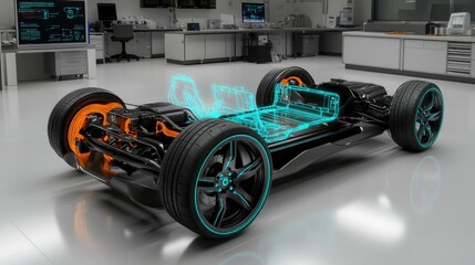 Aufkleber - Chassis of an electric vehicle displayed in a high-tech lab, with a dynamic digital hologram showcasing stress analysis and real-time performance data for engineering precision