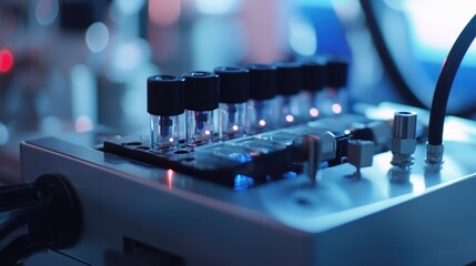 Aufkleber - Close-up of fiber optic connectors connected to a control box in a pristine, technical environment, representing the high standards of electronics and communications