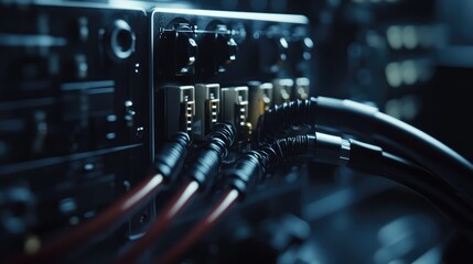 Aufkleber - Close-up of fiber optic connectors connected to a control box in a pristine, technical environment, representing the high standards of electronics and communications