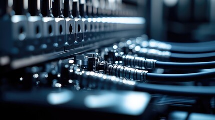 Aufkleber - Close-up of fiber optic connectors connected to a control box in a pristine, technical environment, representing the high standards of electronics and communications